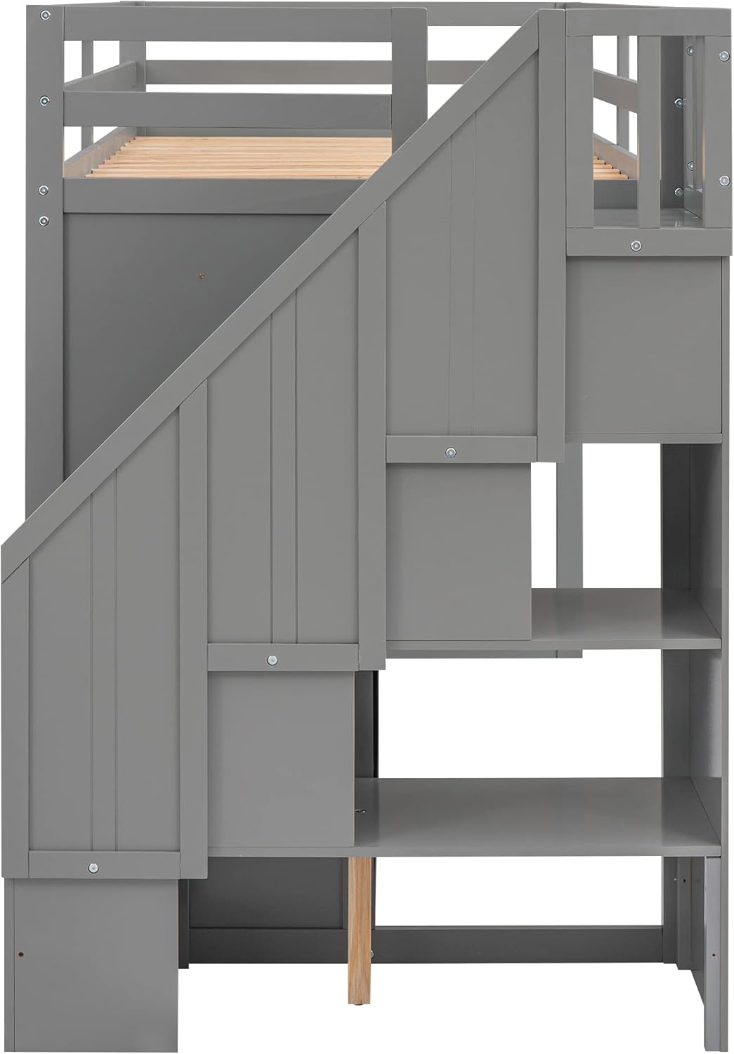 Twin Size Functional Loft Bed with 3 Shelves, 2 Wardrobes and 2 Drawers, Ladder w/Storage Stairway, Wooden Loft Bedframe, Space Saving Bedroom Furniture for Kids Teens, No Box Spring Required