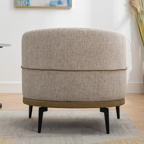 Modern 2 Tone Accent Barrel Chair with Linen and PU, Thick Cushion, Metal Legs, Upholstered Arm Chair for Living Room Reading Room Bedroom (Mustard Green)