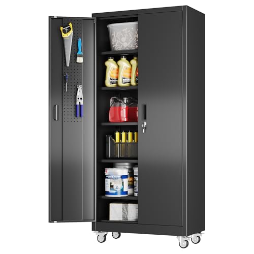 Aobabo 71" H×34" W×18" D Garage Metal Storage Cabinet with Wheels, Locking Steel Storage Cabinet with 5 Shelves and 4 Hooks, for Home Office, School, Assembly Required, Black Silver