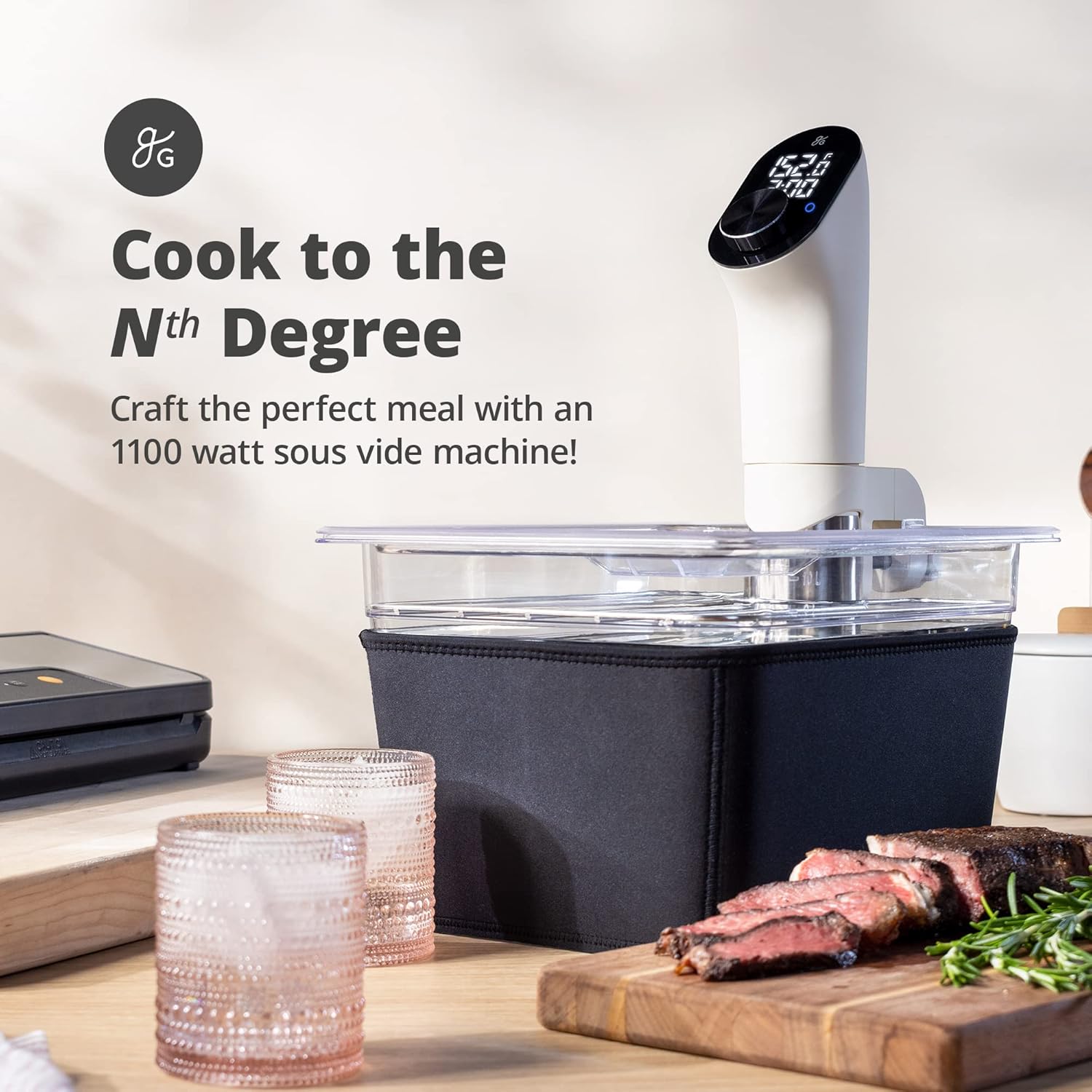Greater Goods Holiday Sous Vide Bundle with Sous Vide Cooker, Container, and Silicone Weights, Designed in St. Louis. Birch White/Pink.