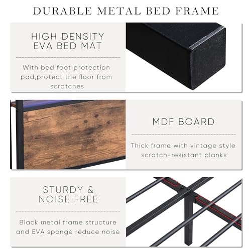 Queen Storage Headboard and 2 Drawers,Platform Bed W/Charging Station & Led Frame,No Box Spring Needed,for Bedroom,Apartment,Guest Room,Black+Brown