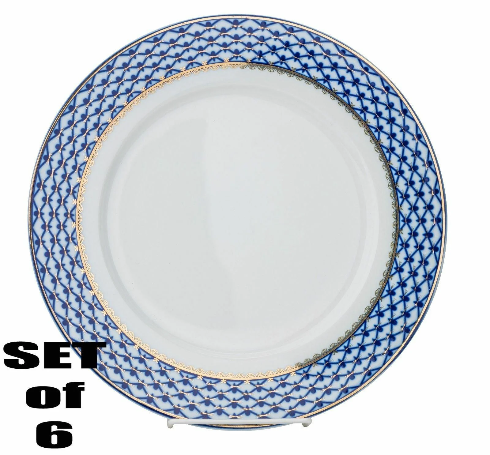 World Gifts Bone China Cobalt Blue St Petersburg 24K Gold Net Dessert Plates - 7.5", Round