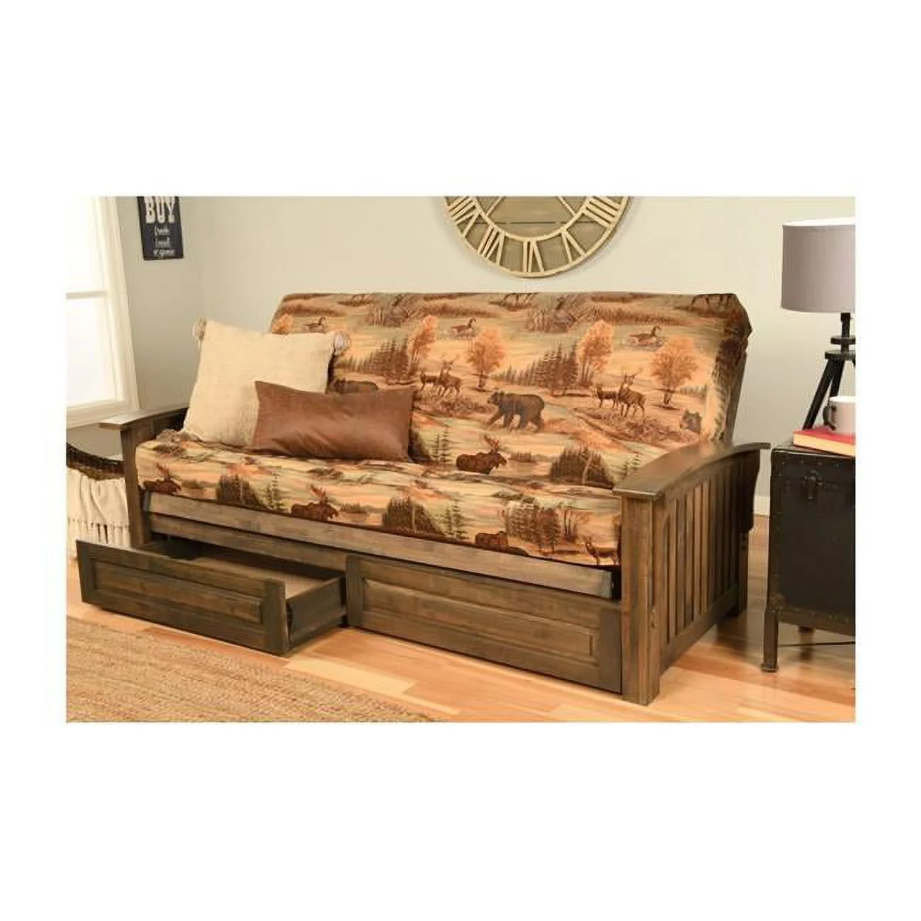 Washington Rustic Walnut Futon Frame with Canadian Mattress & Storage Drawers - Full Size