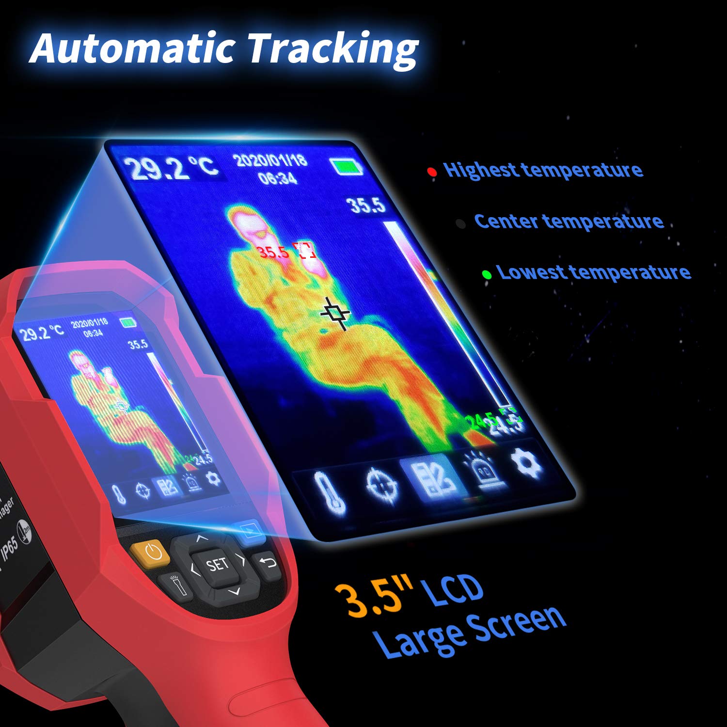220 x160 IR Infrared Thermal Imager Camera Rechargeable Handheld, 35200 Pixels Temperature Automatic Tracking Thermal Imaging Camera with 3.5” LCD Display, 5 Colors Palette and LED Light