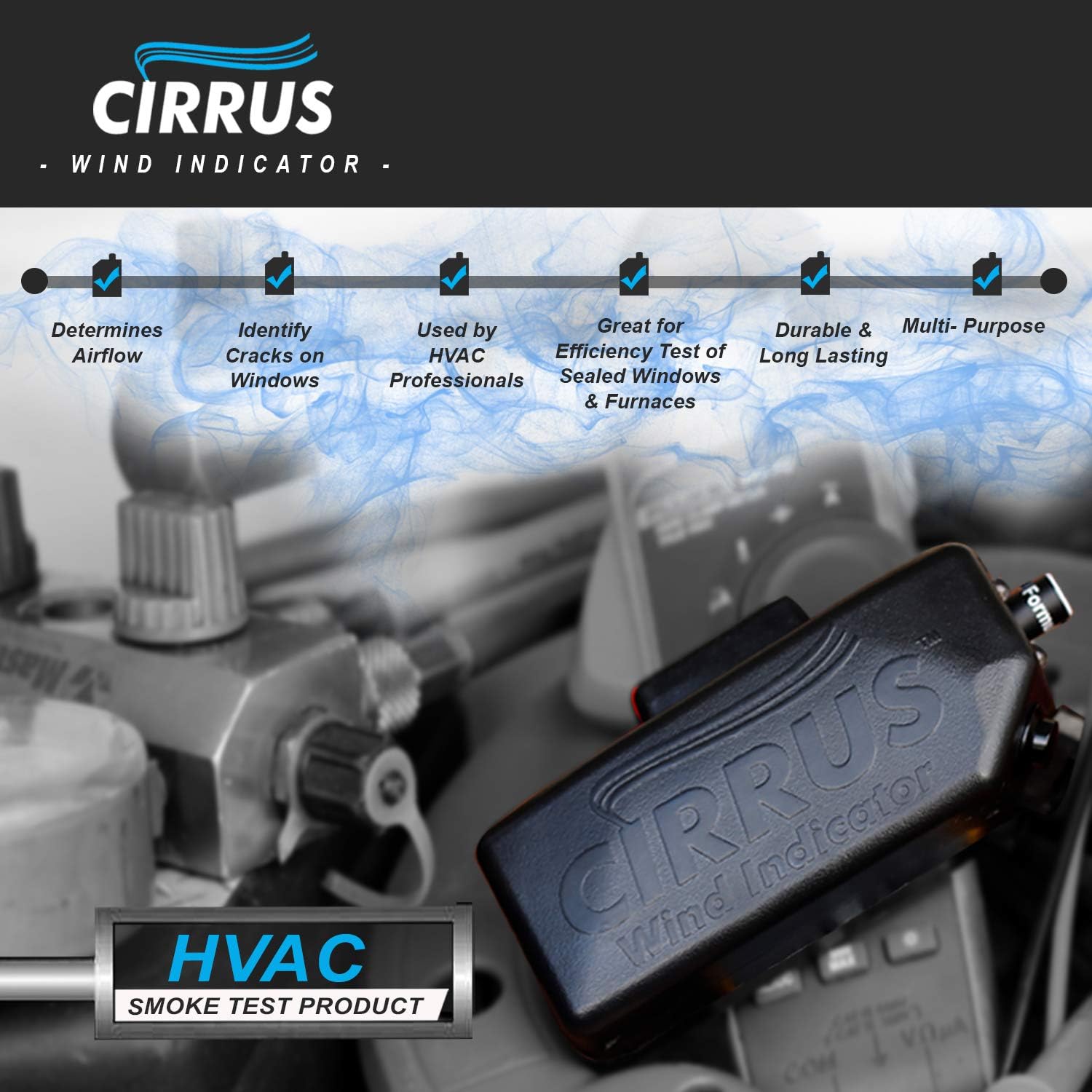 Cirrus Wind Indicator - HVAC Tool Kit with Led Rechargeable Flashlight and Power Bank - Safe and Portable - Trusted Smoke Detector of HVAC Technician