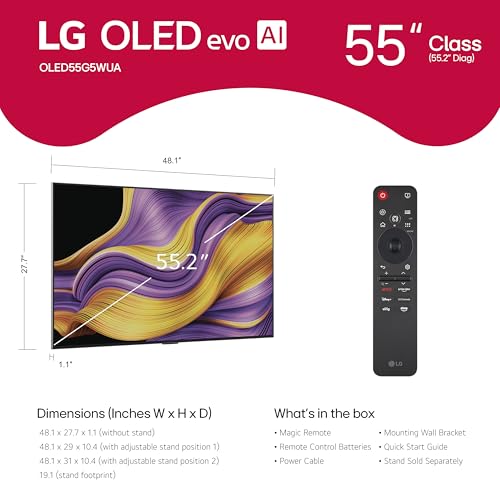 LG 55-Inch Class OLED evo AI 4K G5 Series Smart TV w/Dolby Atmos, Dolby Vision, HDR10, AI Super Upscaling 4K, Filmmaker Mode, Wow Orchestra, Alexa Built-in (OLED55G5WUA, 2025)
