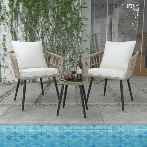 3-Piece Patio Bistro Set, PE Wicker Balcony Conversation Sets,Outdoor Furniture Chairs w Round Tempered Glass Table & 2 Thick White Cushions Ideal for Porch Backyard Lawn Poolside (Beige)