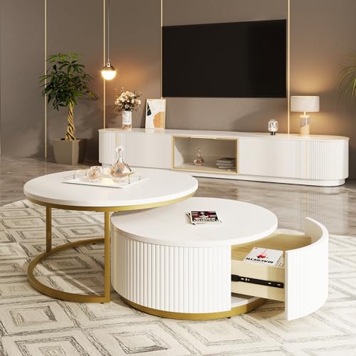 Round Nesting Coffee Table Set of 2 with Drawers, Stacking Sofa Side Furniture w/White Glossy Marble Veneer Top, Gold Frame, Fluted Design, for Living Room