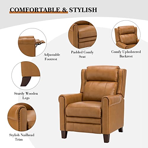HULALA HOME Genuine Leather Recliner with Nailhead Trim, Manual Push Back Reclining Chair with Adjustable Backrest & Footrest, Headrest & Lumbar Support, for Living Room Bedroom, Black