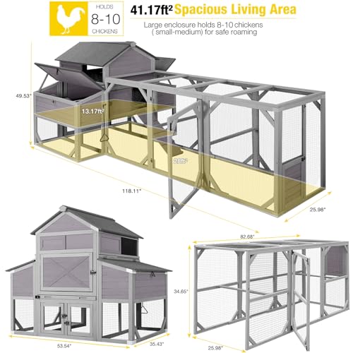 Aivituvin Chicken Coop Extra Large Chicken House 41.3ft² for 8-10 Chickens Outdoor Wooden Hen House Poultry Cage with 6 Nesting Boxes, 6 Perches, Large Run 118 L