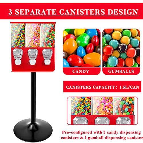 Treela Black Commercial Candy Vending Machine with Stand Triple Head Vending Machine Gumball Vending Machine with Removable Canisters 25 Cent Coin Operated Candy Dispenser for Business