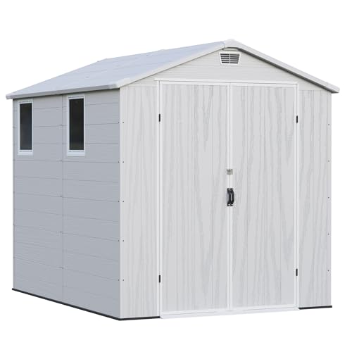 Greesum 6×8FT Plastic Outdoor Storage Shed with Floor, Resin Storaged Sheds with Lockable Double Door, Windows & Vents, All-Weather Tool Sheds for Garden, Backyard, Patio, Light Gray