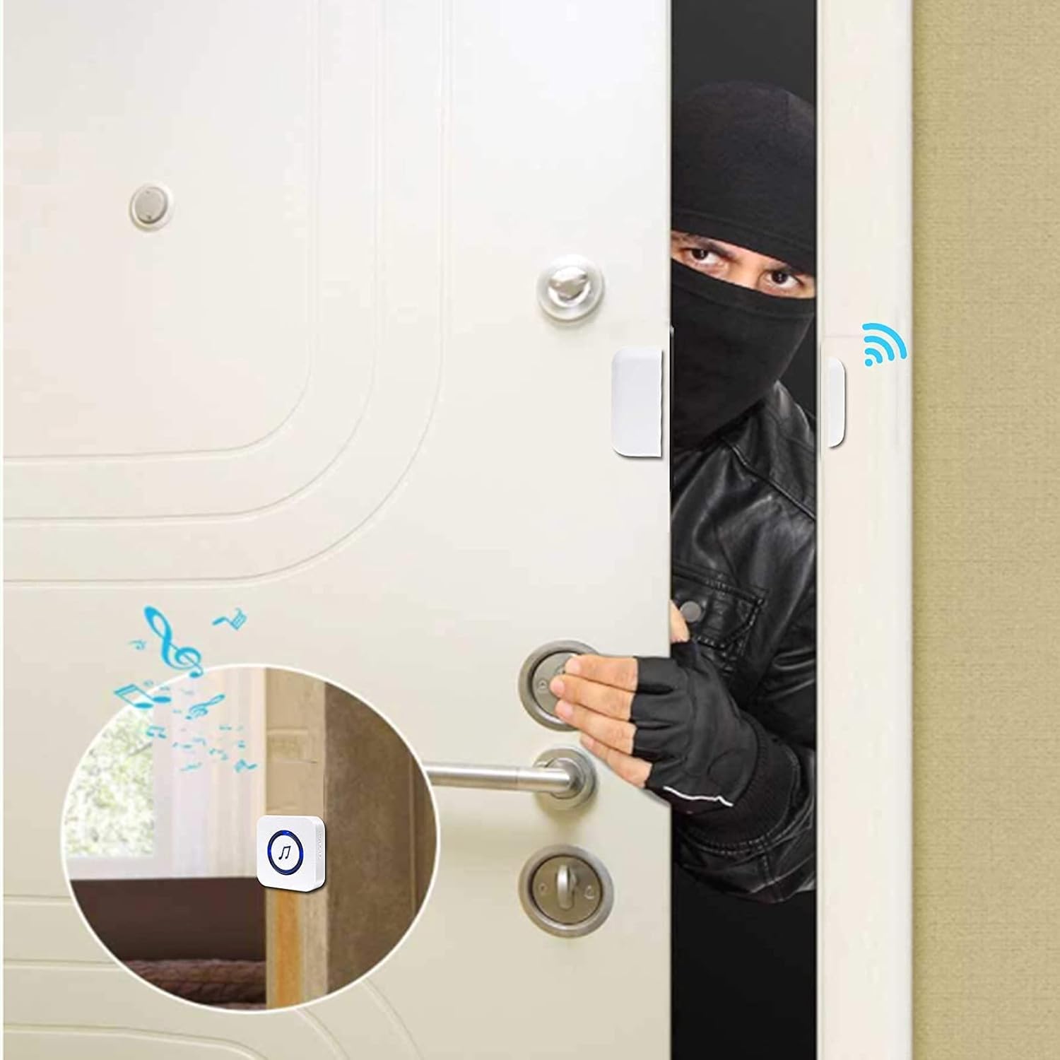 Door Alarm with Chime Adjustable Volume Sanjie Wireless Door Chime When Door Opens for Home/Business With 1000 ft Long Range 55 Melodies, 5 AlarmsSensor+2 Plug-in Receiver,White Pack of 2