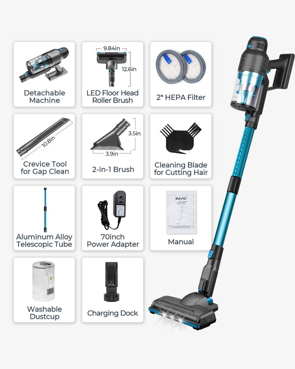 Syvio Cordless Vacuum Cleaner with Self Stand, 22KPa 235W Dry Lightweight Stick Vacuum 6 in 1, 40Min Runtime, Adjustable Height, LED Light, Rechargeable Battery for Floor, Carpet, Pet Hair, Quiet