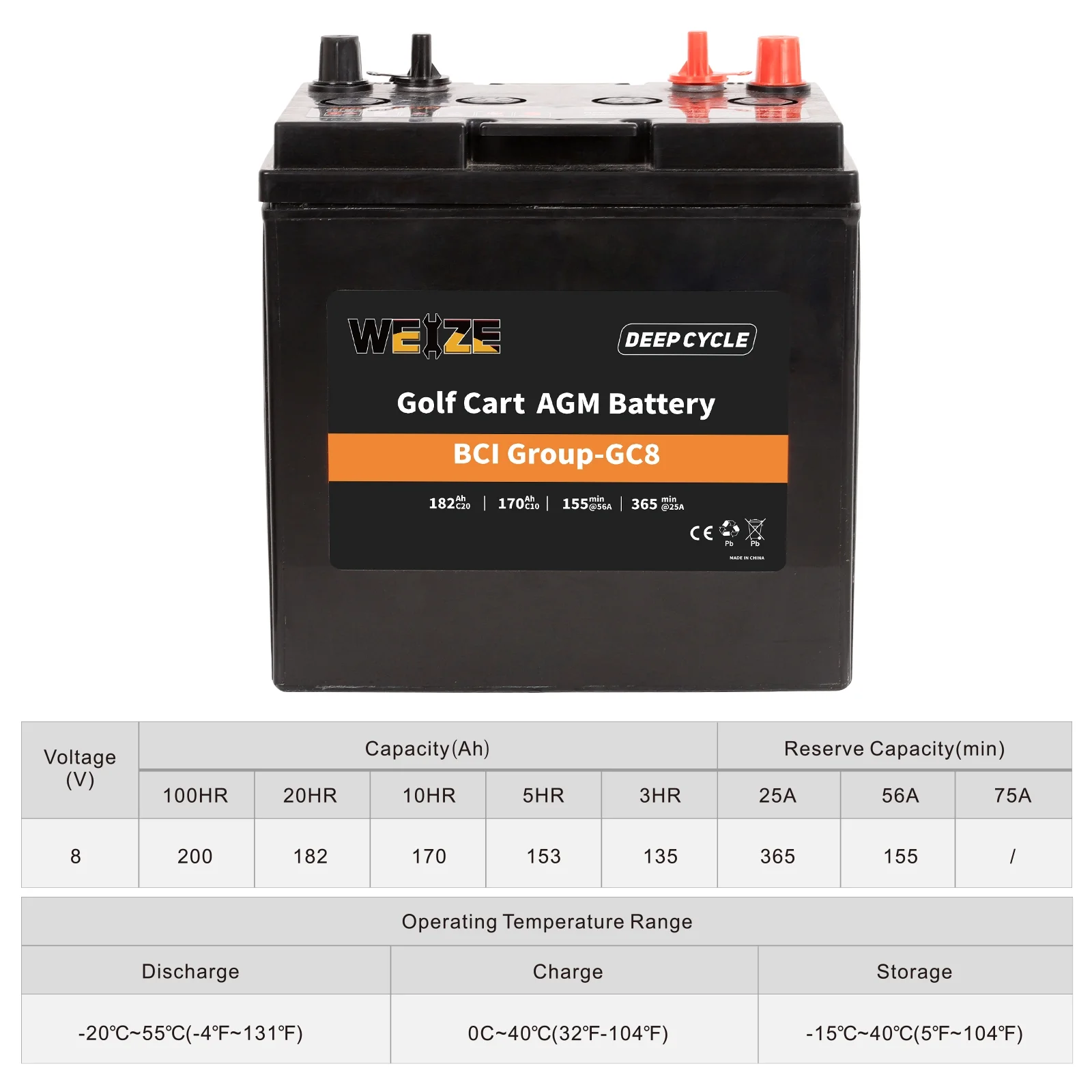 Weize Golf Cart Battery, 8V 182AH BCI Group GC8 High Capacity & Maintenance Free Deep Cycle AGM Scrubber Battery