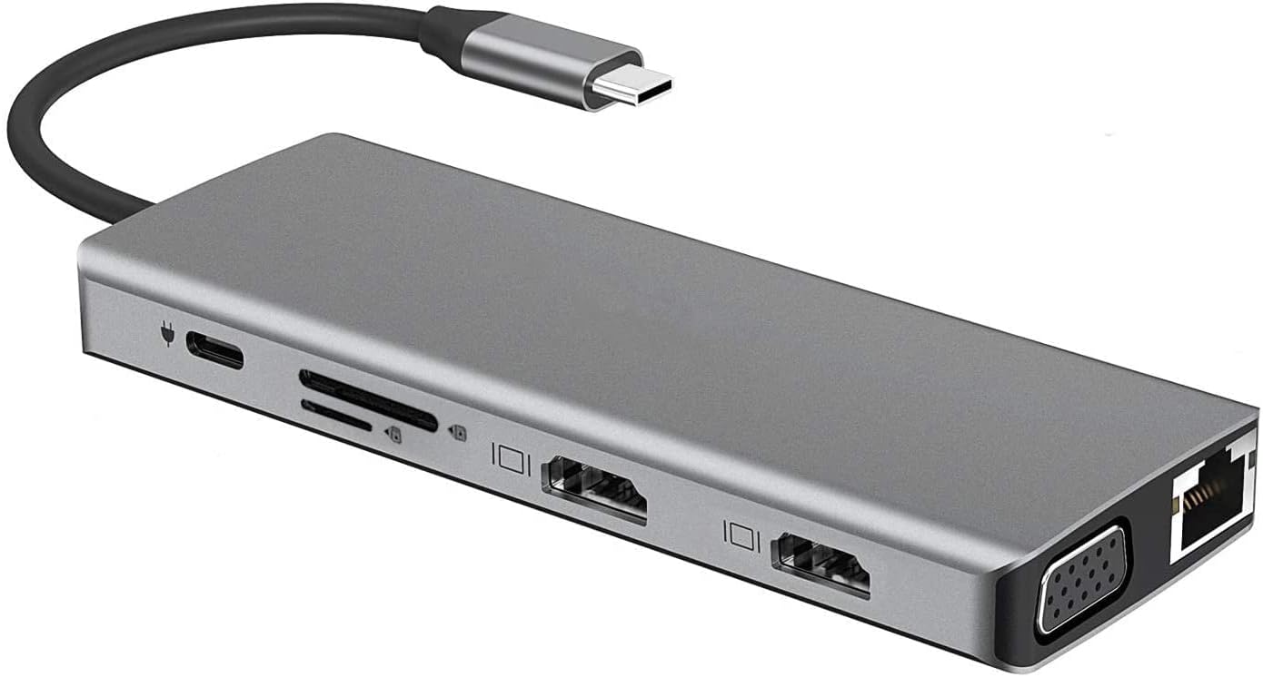 USB C Docking Station Dual Monitor, 12-in-1 Triple Display USB C Adapter for Windows，MacBook Pro with Dual 4K HDMI, VGA, Gigabit Ethernet, 1 USB 3.0, 3 USB 2.0, 100W PD, SD/TF Card Reader, AUX