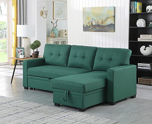L-Shape Sofa Sectional Convertible Sleeper with Storage Chaise and Pull-Out Bed, Linen Upholstered Reversible Corner 3 Person Couch, for Living Room, Apartment, 82" Green, 82inch