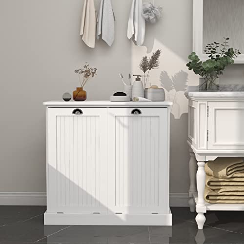 Double Tilt Out Trash Cabinet Laundry Sorter Cabinet Free Standing Laundry Cabinets and Storage Dog Proof Recycling Cabinet Kitchen Island with Garbage Bin (White)