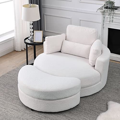 42.9" Oversized Swivel Accent Barrel Linen Tufted Upholstered Sofachair W/3 Pillows, Comfy Leisure Lounge Club Round Armchair Cozy Sofa & Chair for Home Apartment Office Hotel Living Room, Orange