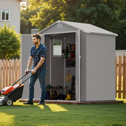 Greesum 6×8FT Plastic Outdoor Storage Shed with Floor, Resin Storaged Sheds with Lockable Double Door, Windows & Vents, All-Weather Tool Sheds for Garden, Backyard, Patio, Light Gray