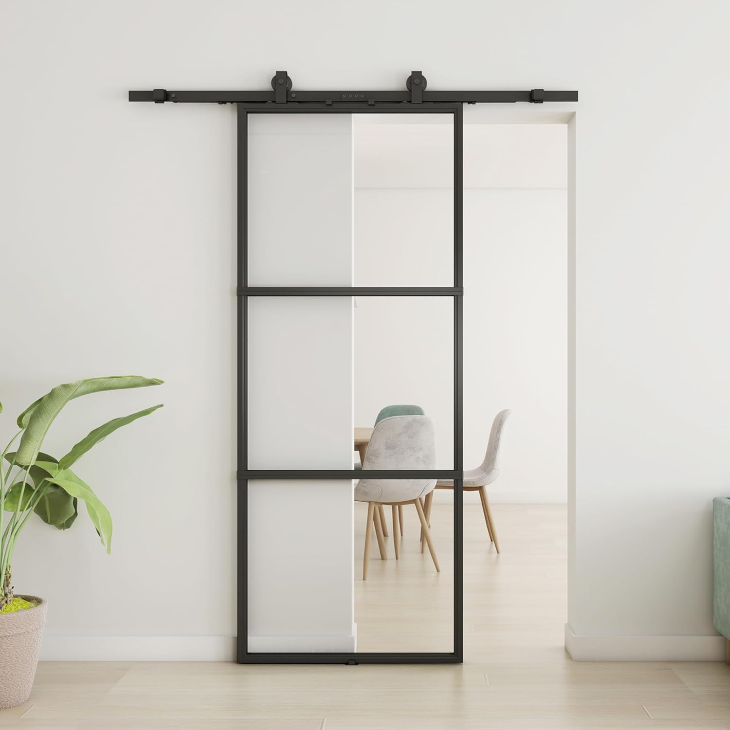 JUBEST 36in x 84in Glass Barn Door, Clear Tempered Glass Carbon Steel Pre Drilled Frame Sliding Barn Door Panel with 6FT Hardware Kit and Soft Close