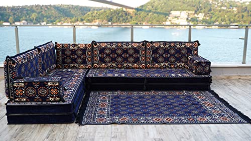 Navy Blue L Shaped Floor Seating Sofa Set, Sectional Sofa, Sectional Sofa, Arabic Majlis, Oriental Sofa, Moroccan Sofa, Bohemian Furniture Set (L Sofa Full Set)