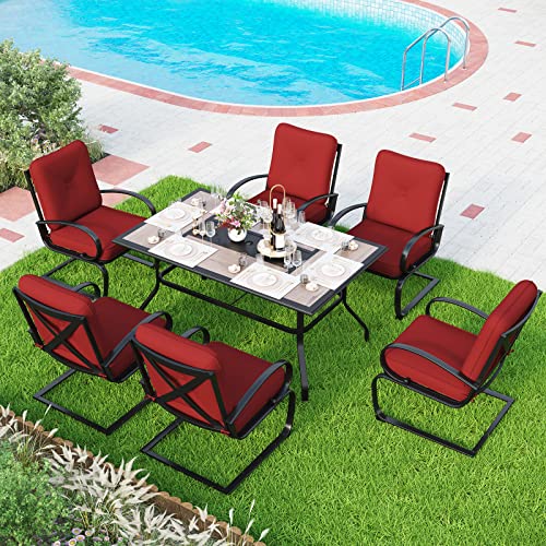 MFSTUDIO 9 PCS Patio Dining Table and Chairs Sets, 8 Spring Dining Chairs with Cushion and 1 Large Square Metal Dining Table for Outdoor, Patio Furniture for Garden, Lawn, Yard, Beige