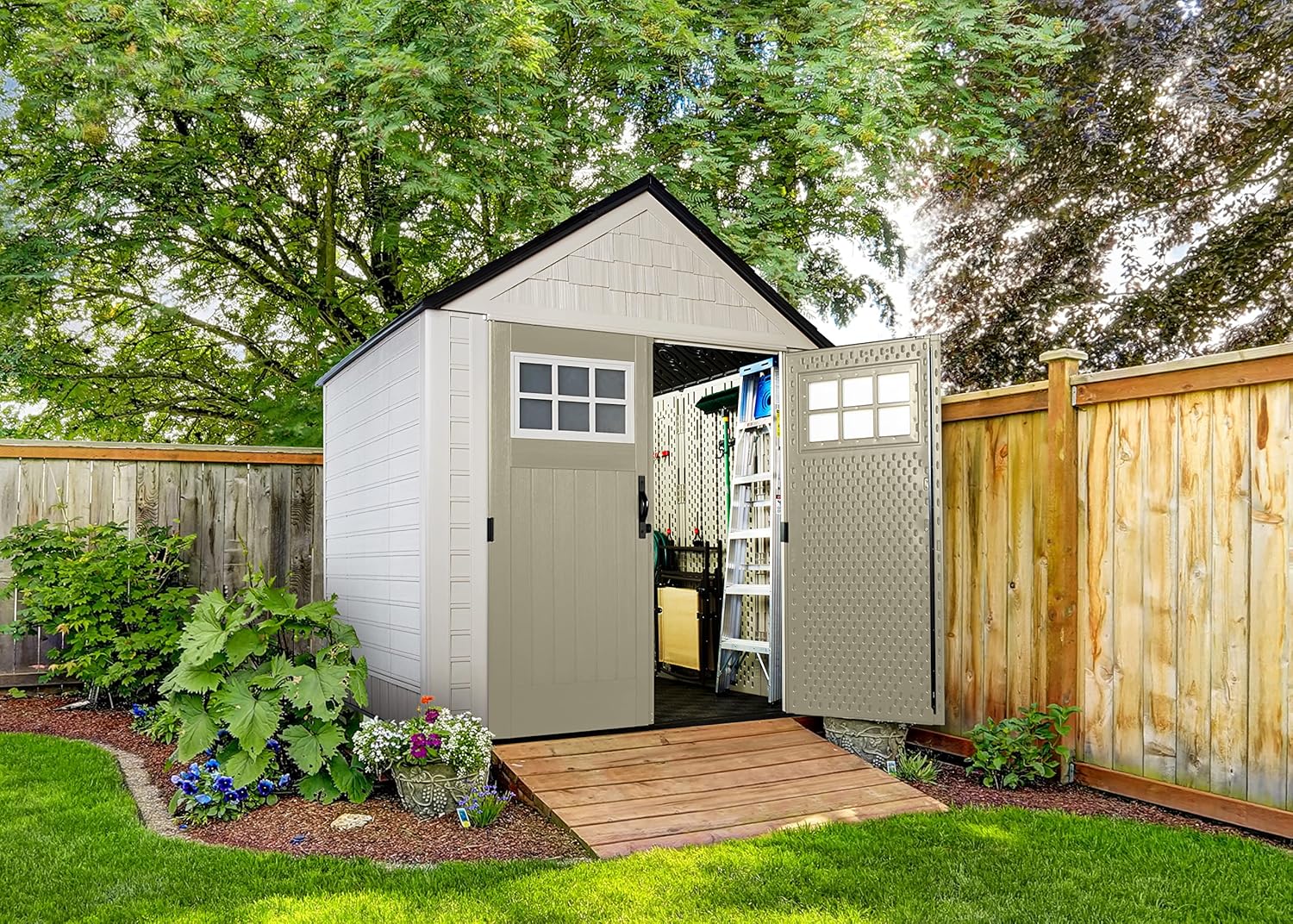 Rubbermaid Resin Outdoor Storage Shed With Floor (7 x 7 Ft), Weather Resistant, Beige/Brown, Organization for Home/Backyard/Garden Tools/Lawn Mower/Bike Storage/Pool Supplies