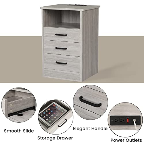 ADORNEVE Nightstands Set of 2, Grey Night Stands with Charging Station, Bedside Table with Drawers & USB Ports for Bedroom,Living Room