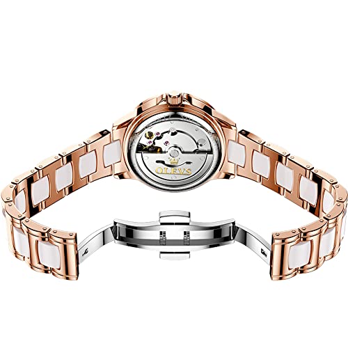 OLEVS Rose Gold Women's Watches, Ceramic Stainless Steel Band, Automatic Mechanical Watch, Waterproof Luminous Pointer Calendar, Diamonds Elegant Watches for Women, Red/Blue/White Dial [No Battery]