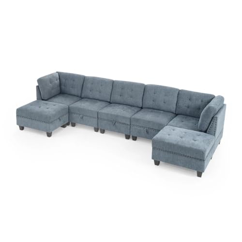L Shape Chenille Modular Sectional Sofa, Combination Includes Three Single Chair,Two Corner and Two Ottoman
