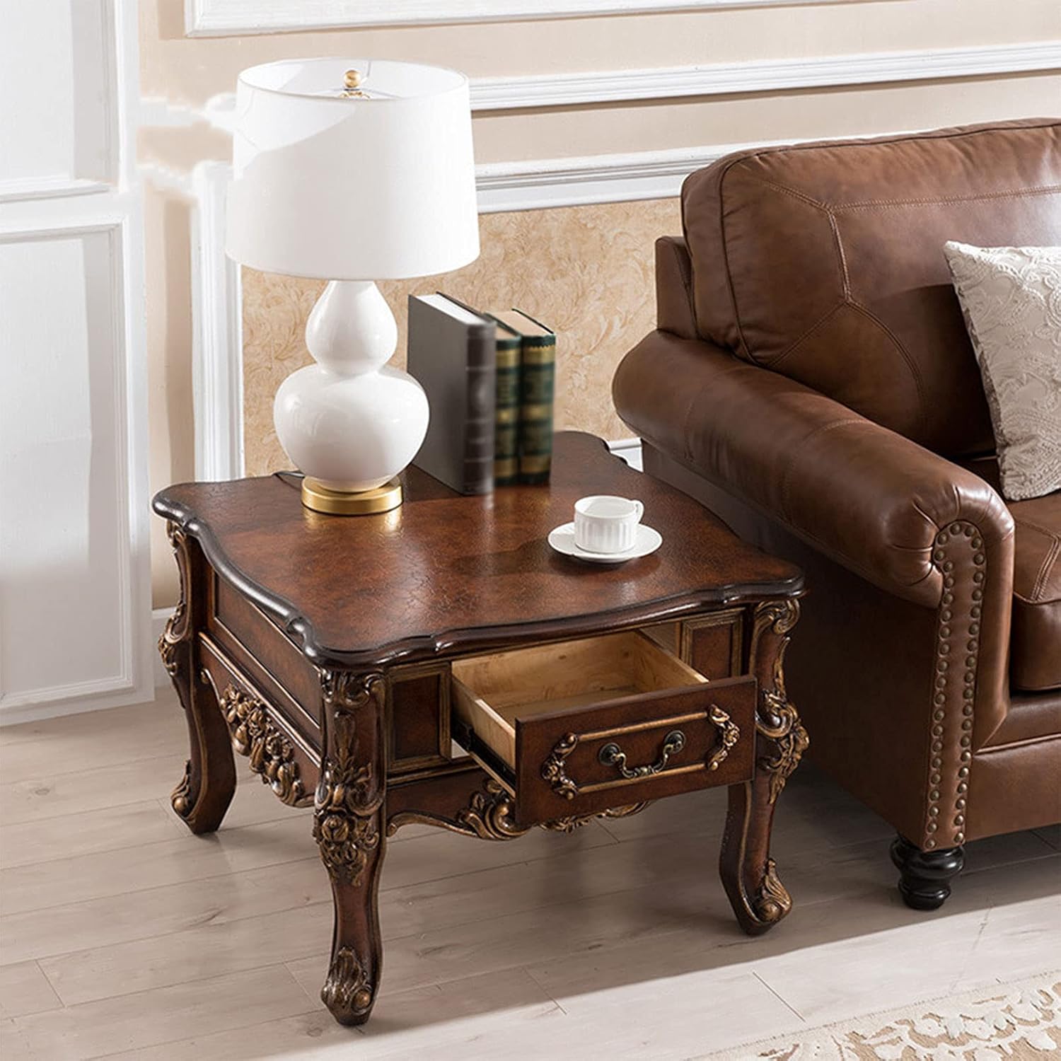 End Table with Drawers Rustic Retro Style Carved Painted Coffee Table Tea Table Side Table Low Table Living Room Furniture
