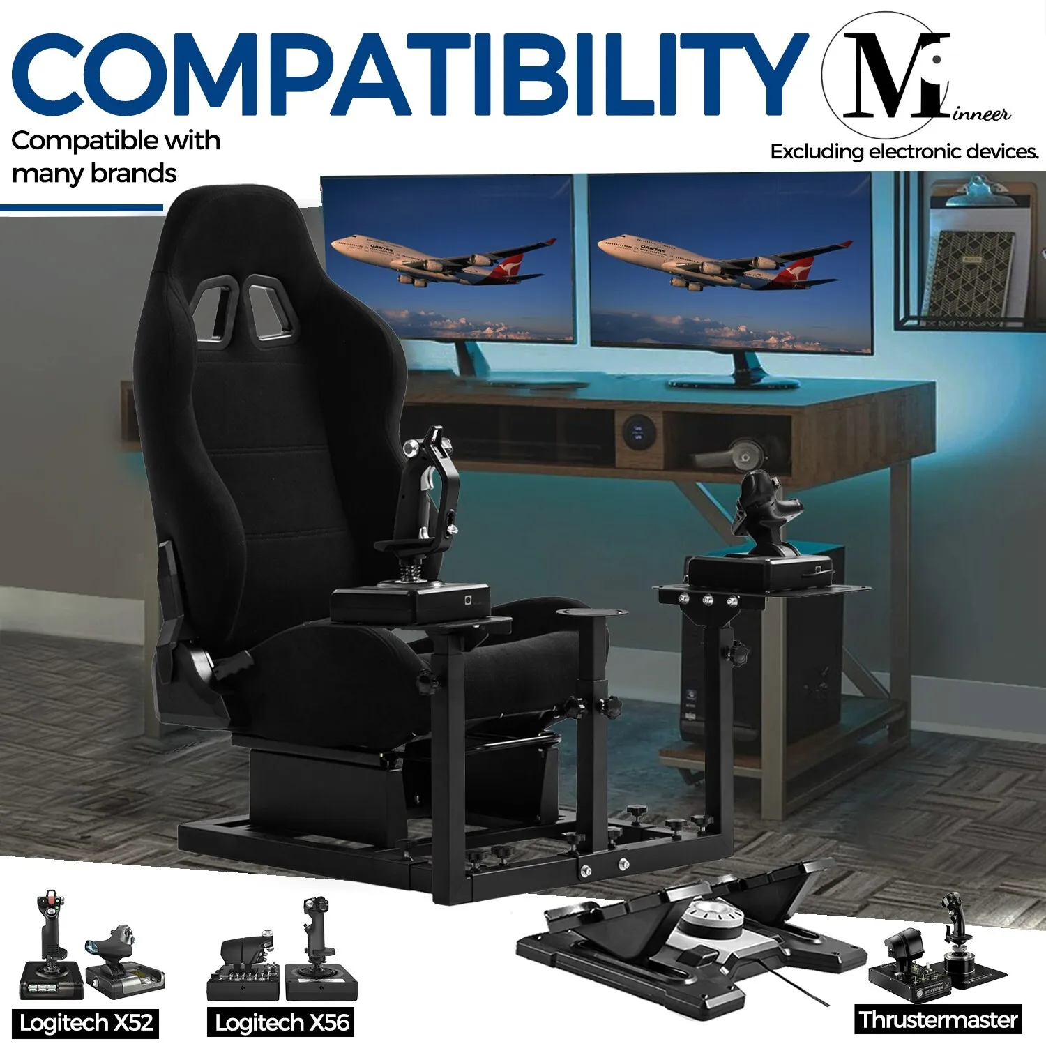 Minneer Flight Simulator Cockpit with Black Seat Fit for Logitech X52/X52pro/X56,Thrustermaster Hotas Warthog Compatible with Xbox One PS4 PC Platforms