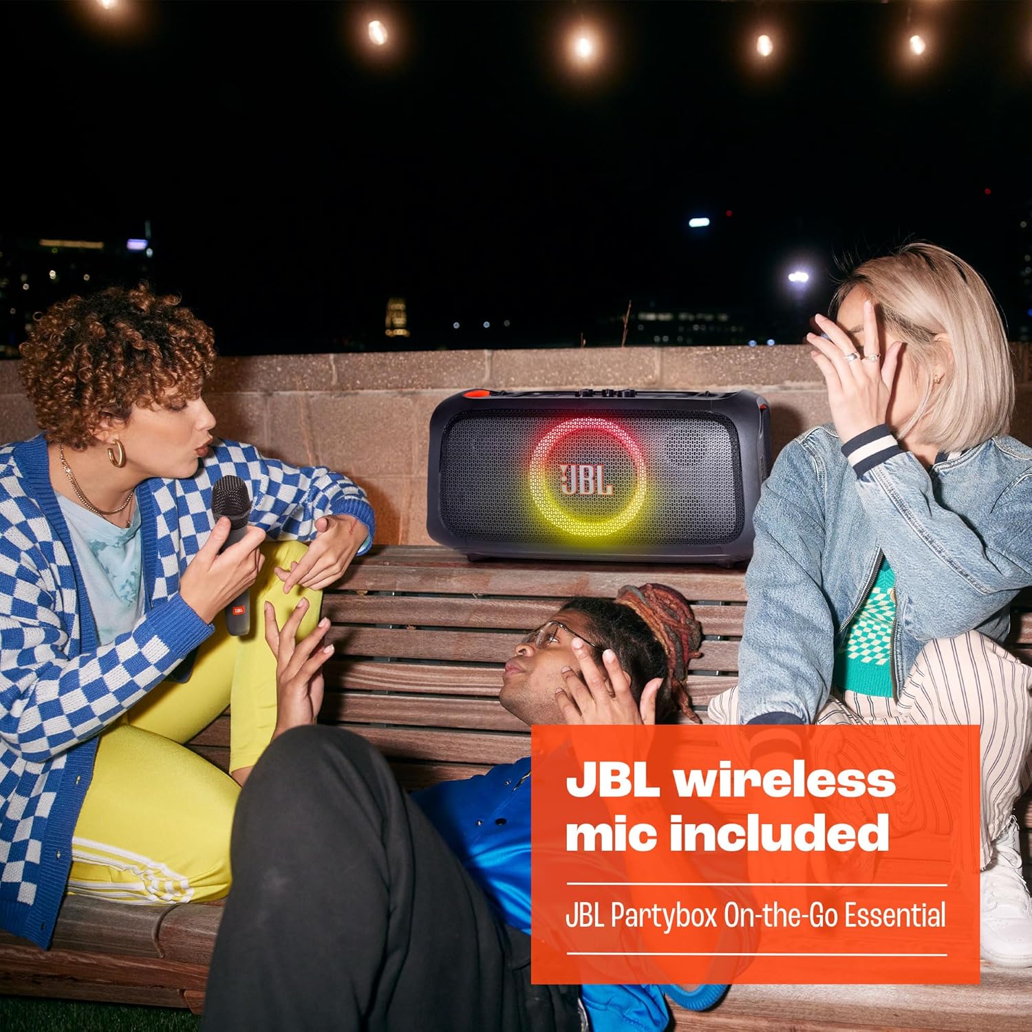 JBL PartyBox On-The-Go Essential - Portable party speaker with built-in lights and wireless mic, Amazing Pro Sound, IPX4 splashproof protection, 6 hours of playtime, Convenient shoulder strap
