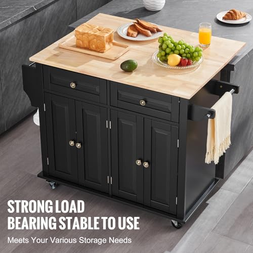 VEVOR Kitchen Island Cart with Solid Wood Top, 35.4" Width Mobile Carts with Storage Cabinet, Rolling Kitchen Table with Spice Rack, Towel Rack, and Drawer, Portable Islands on Wheels, White