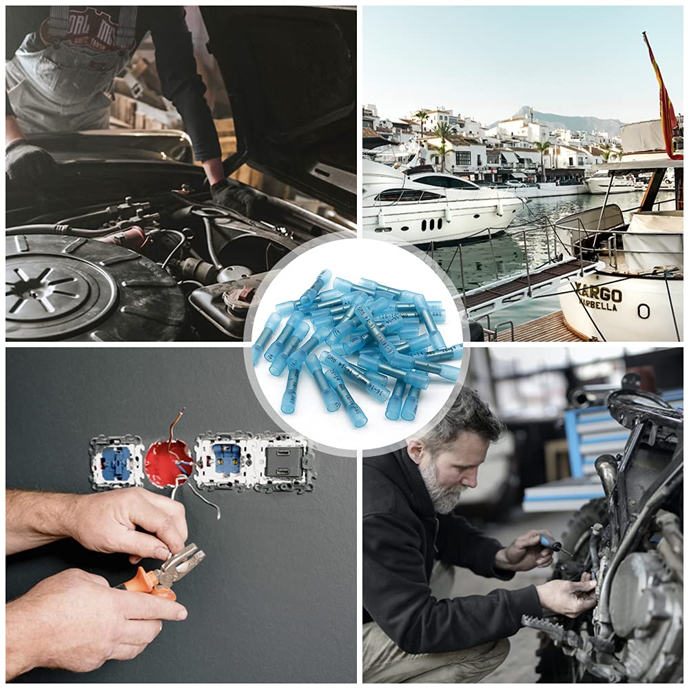 1000 Pcs Blue Heat Shrink Butt Connectors, 16-14 AWG Waterproof Electrical Crimp Wire Splice for Marine, Cable, Wiring