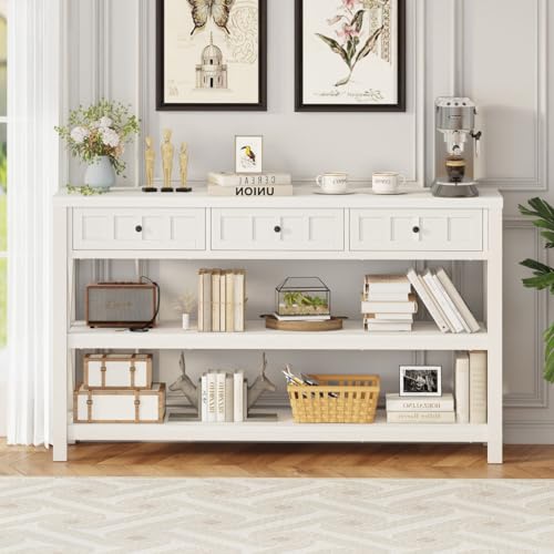 FATORRI Industrial Console Table for Entryway, Rustic Sofa Table with Shelf and 3 Drawers for Living Room, Farmhouse Foyer Table and Couch Table Behind Sofa (54.72 Inch Long, Walnut Brown)