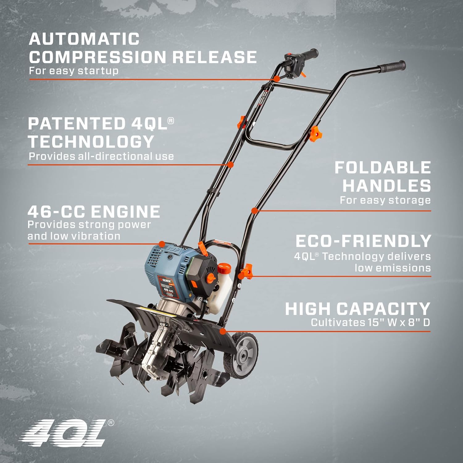SENIX 4QL® 46 cc 4-Cycle Gas Powered Tiller Cultivator, 6 Premium Steel Forward Rotating Tines, 15-Inch Tilling Width, 8-Inch Tilling Depth, TL4QL-L1, Blue