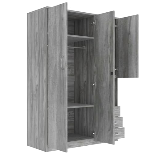 Merax Armoire Wardrobe Closet, 47.2''L*20" D*68.9" H Clothing Storage Cabinet with 6-Tier Shelves and Hanging Rod, Household Wooden Wardrobe Storage Cabinet with 3 Drawers,Grey