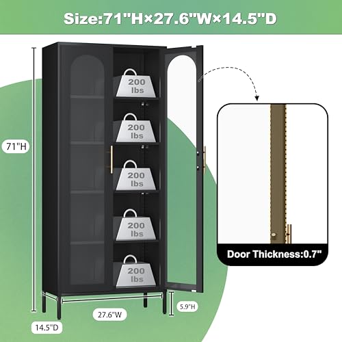 Metal Storage Cabinet, 71" Tall Black Display Curio Glass Storage Cabinet with Glass Doors and 4 Shelves, Storage Cabinet for Kitchen Pantry,Home Office, Living Room (71" Tall Cabinet)