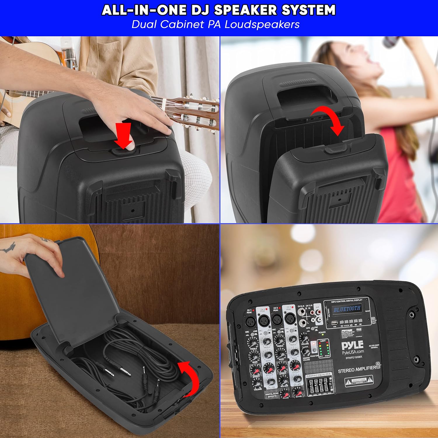 PA Speaker DJ Mixer Bundle - Portable Wireless Bluetooth Sound System w/ USB SD XLR 1/4 RCA Inputs, LED Lights - Dual Speaker, Mixer, Microphone, Stand, Cable - Home/Outdoor- Pyle PPHP210AMX,Black