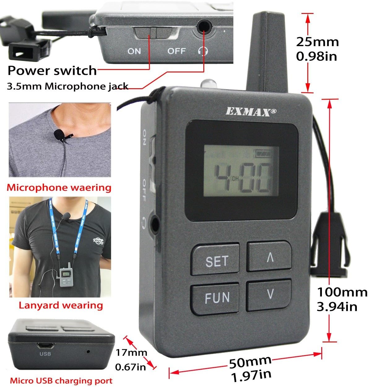 EXMAX ELGT-470 Wireless Tour Guide Whisper Acoustic Transmission System for Travel,Conference,Training,Hajj,Church,Teaching(1 Transmitter & 25 Receivers with Sivler Aluminium Alloy Storage Case)