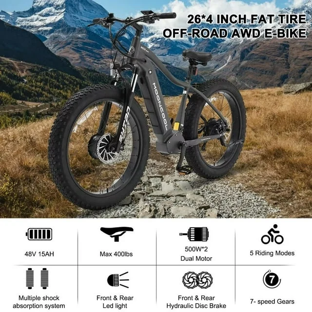 FICISOG 26" x 4" Adult Fat Tire Electric Bike , 500Wx2 Dual Motor AWD MTB, All Terrain Ebikes, 48V 15AH Removable Battery, 20MPH 7-Speed Mountain Electric Bicycle,1 Motor Range 30-45 Miles