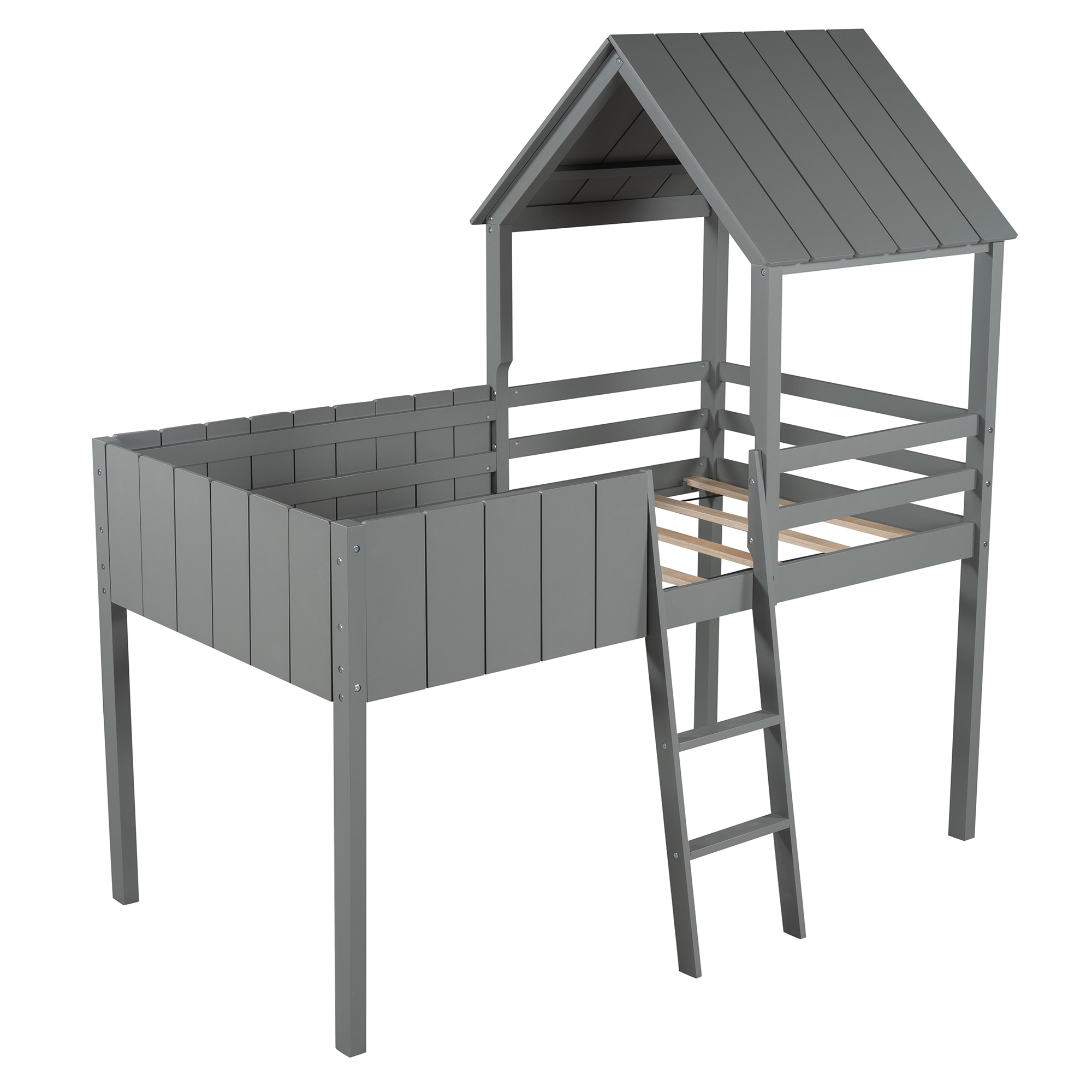 Gray Twin Size Wood House Loft Bed with Roof, Guardrail, Ladder