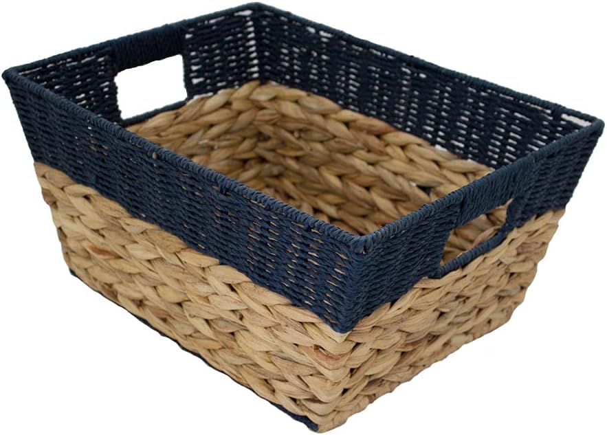 Natural Water Hyacinth Woven Rectangular Basket, Wicker Basket With Handle, Utility Storage Organizer