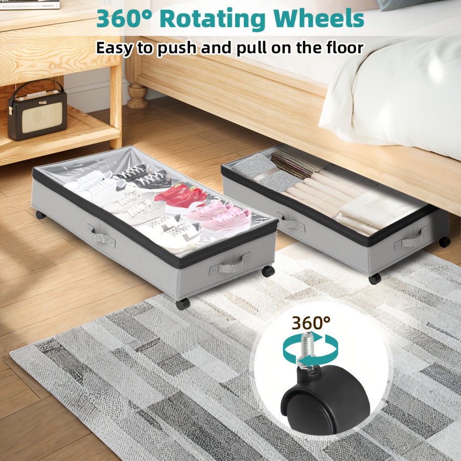 2pcs Underbed Storage Containers with Wheels &amp; Lids - Low Profile Oxford Fabric Organizers for Clothes Shoes Toys Linens, Space-Saving Gray Under Bed Storage Bags
