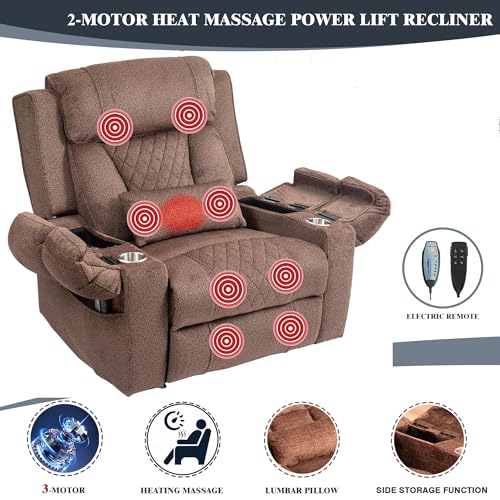 Light Grey Recliner Chair for Elderly | Tall and Big Man 400lbs | Chenille | Power Lift, Lay Flat, Stand Up, Wireless Charging Device, Extended Footrest, Massage Heat, Cup Holder, Lumbar Pillow