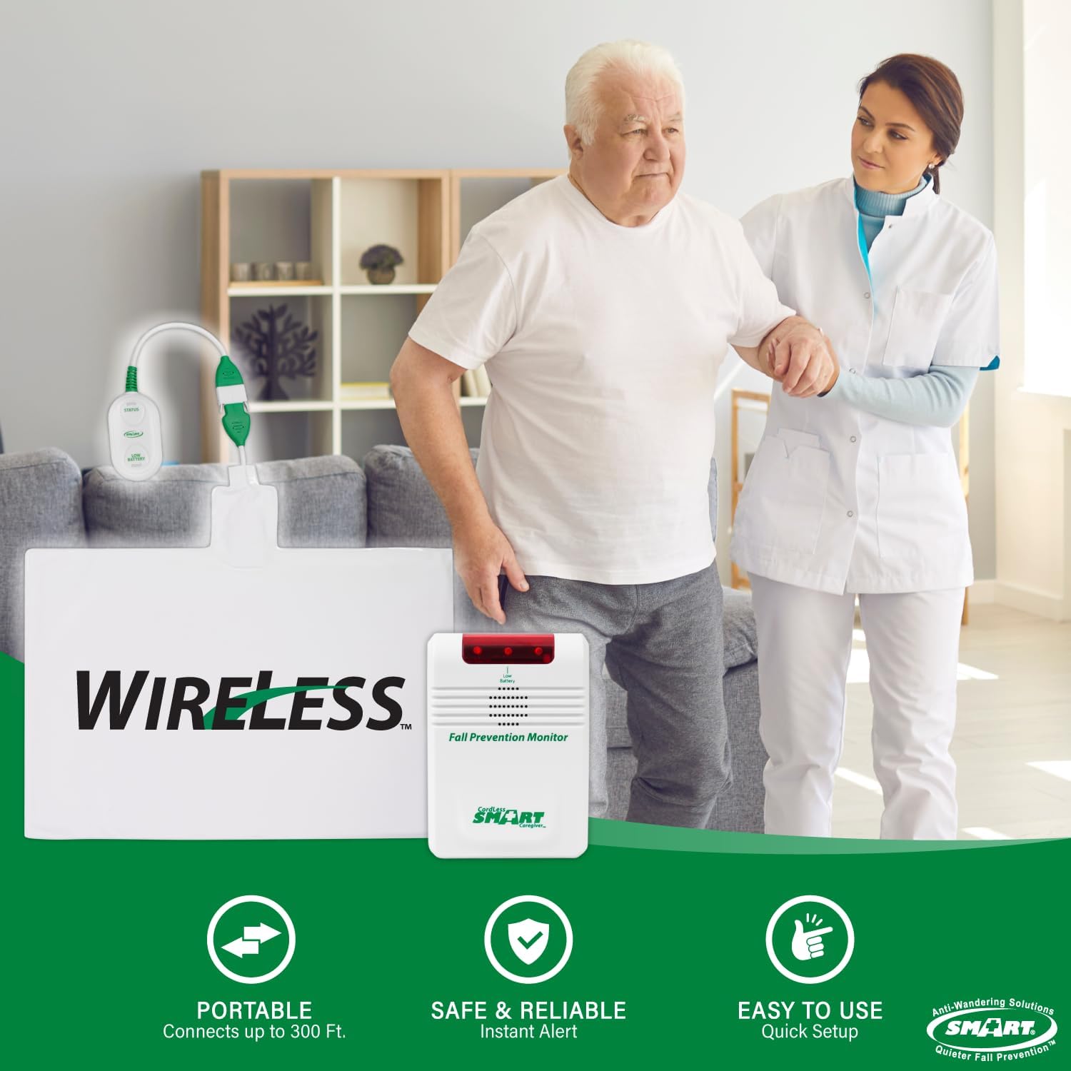 Smart Caregiver Wireless Chair Exit Alarm with Weight Sensing Pad - Automatically alerts caregiver when they get up to prevent falls | 10"x15" Pressure Sensor and Cordless Chair Alarm up to 300' Range