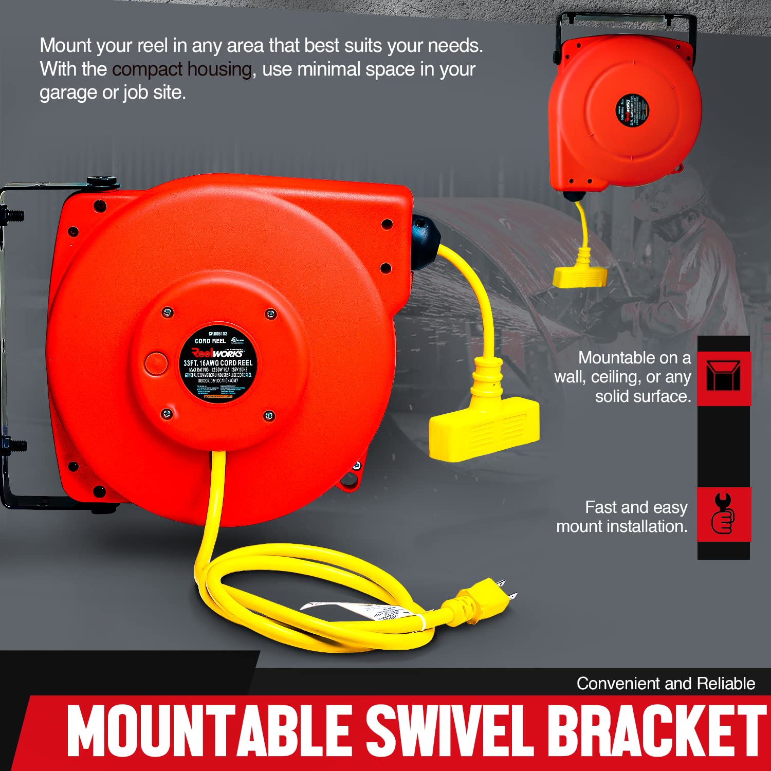 Reelworks Extension Cord Reel Retractable Polypropylene Heavy Duty Industrial 33 FT 16AWG 3C SJT Commercial Premium Grade Ultra Flexible Cable (S3) Triple Tap Connector Perfect for Indoor/Outdoor Use