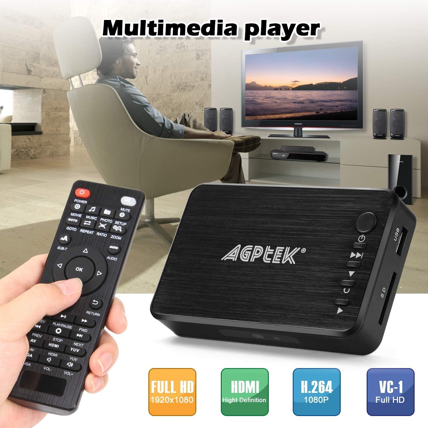 AGPTEK 1080P Media Player Read USB drive/SD card with HD HDMI/AV/VGA Output for RMVB/ MKV /JPEG etc with Remote Control